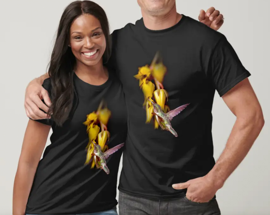 Humming bird with yellow flower